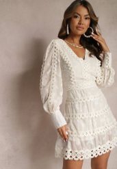 Jasnobeżowa Haftowana Sukienka Mini z Guzikami i Ażurowymi Wstawkami Albastra. Brązowe sukienki Renee, m, w ażurowe wzory, boho, bez kołnierzyka, bez ramiączek, mini. W wyprzedaży za 175.99 zł.