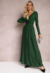 Zielona Rozkloszowana Sukienka Maxi z Błyszczącego Materiału z Drapowaniem w Talii Kizzetta. Zielone sukienki Renee, l, bez wzorów, bez kołnierzyka, bez ramiączek, maxi, rozkloszowane. W wyprzedaży za 159.99 zł.