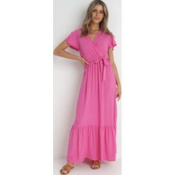 Fuksjowa Sukienka Diomeira. Czerwone sukienki Born2be, l, bez wzorów, z tkaniny, eleganckie, bez kołnierzyka, bez ramiączek, maxi, kopertowe. W wyprzedaży za 67.99 zł.