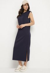 Niebieska Sukienka Pudełkowa z Rozcięciem na Dole Nelzia. Niebieskie sukienki Born2be, na co dzień, l, bez wzorów, eleganckie, bez kołnierzyka, bez ramiączek, maxi. W wyprzedaży za 55.99 zł.