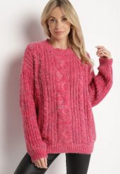Różowy Sweter z Wełną z Ozdobnym Splotem Abrenevia. Czerwone swetry Born2be, na zimę, bez wzorów, z wełny, bez ramiączek. W wyprzedaży za 67.99 zł.