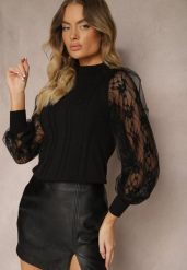 Czarny Golf ze Wstawkami z Siateczki na Rękawach Yelira. Czarne swetry Renee, z aplikacjami, z jeansu, bez ramiączek. W wyprzedaży za 55.99 zł.