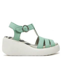 Sandały Fly London. Zielone sandały Fly London, bez wzorów, bez obcasa, na koturnie, bez zapięcia. Za 649.99 zł.