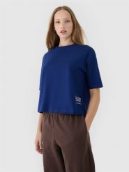 4F T-shirt oversize z nadrukiem damski - granatowy M. Niebieskie t-shirty 4f, m, bez wzorów, z bawełny, klasyczne, bez kołnierzyka, bez ramiączek. W wyprzedaży za 39.99 zł.