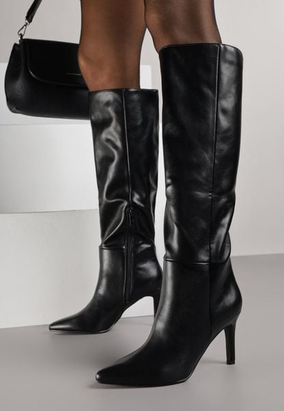 Czarne Kozaki na Szpilce z Marszczoną Cholewką Monarella. Czarne kozaki Born2be, bez wzorów, z jeansu, eleganckie, bez obcasa, na obcasie, bez zapięcia. Za 149.99 zł.