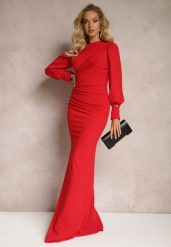 Czerwona Dopasowana Sukienka Maxi o Asymetrycznym Kroju z Bufiastymi Rękawami i Rozcięciem Belsara. Czerwone sukienki Renee, s, bez wzorów, klasyczne, z asymetrycznym kołnierzem, bez ramiączek, maxi, asymetryczne. Za 119.99 zł.