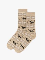 Beżowo-brązowe skarpetki świąteczne unisex w renifery. Brązowe skarpetki Ryłko, z aplikacjami, z bawełny. Za 24.99 zł.