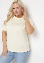 Żółty Bawełniany T-shirt z Ozdobnym Napisem i Cyrkoniami Olisandra. Żółte t-shirty Born2be, plus size, z aplikacjami, z bawełny, klasyczne, bez kołnierzyka, bez ramiączek. Za 69.99 zł.