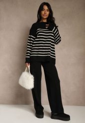 Czarny Komplet z Bawełną i Wełną Spodnie o Szerokim Kroju i Sweter w Paski Reimeia. Czarne swetry Renee, l, bez wzorów, z bawełny, bez ramiączek. Za 129.99 zł.