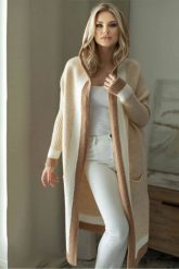 Elegancki długi kardigan z kapturem beżowy. Brązowe swetry PeeKaBoo, uniwersalny, bez wzorów, eleganckie, bez ramiączek. Za 379.00 zł.