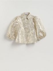 Błyszcząca koszula z bufkami - srebrny. Szare koszule Reserved, l, bez wzorów, z tkaniny, bez kołnierzyka, bez ramiączek. Za 159.99 zł.