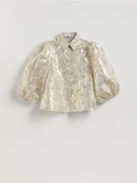 Błyszcząca koszula z bufkami - srebrny. Szare koszule Reserved, l, bez wzorów, z tkaniny, bez kołnierzyka, bez ramiączek. Za 159.99 zł.