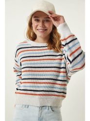 Happiness Istanbul Sweter w kolorze kremowo-błękitno-pomarańczowym rozmiar: onesize. Brązowe swetry Happiness Istanbul, bez wzorów, ze splotem, bez ramiączek. Za 56.99 zł.