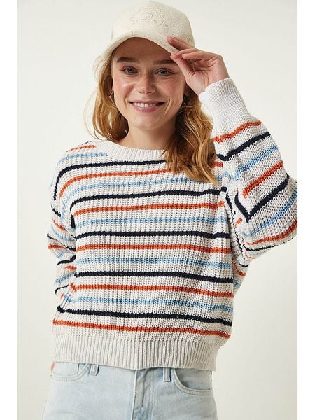 Happiness Istanbul Sweter w kolorze kremowo-błękitno-pomarańczowym rozmiar: onesize. Brązowe swetry Happiness Istanbul, bez wzorów, ze splotem, bez ramiączek. Za 56.99 zł.