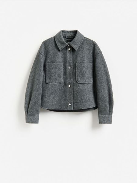 Kurtka shacket z kołnierzykiem - ciemnoszary. Szare kurtki Reserved, l, bez wzorów, z tkaniny, bez kaptura. Za 149.99 zł.