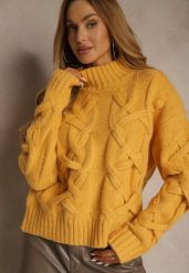 Żółty Golf z Dodatkiem Wełny ze Strukturalnym Splotem Fedansa. Żółte swetry Renee, z aplikacjami, z jeansu, klasyczne, bez ramiączek. Za 169.99 zł.