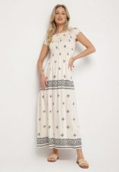 Jasnobeżowa Sukienka z Wiskozy ze Wzorem Boho Ellirose. Brązowe sukienki Born2be, na co dzień, l, z aplikacjami, z wiskozy, boho, bez kołnierzyka, bez ramiączek, maxi. Za 99.99 zł.