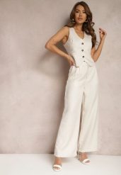 Beżowe Spodnie Szerokie Garniturowe High Waist Tamarixia. Brązowe jeansy Renee, na lato, l, bez wzorów, z jeansu, z podwyższonym stanem. W wyprzedaży za 50.99 zł.