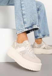 Beżowe Sneakersy Typu Tenisówki na Żłobionej Platformie Ozdobione Wężowym Motywem Lorreia. Brązowe trampki Renee, bez wzorów, z jeansu, eleganckie, bez zapięcia. W wyprzedaży za 83.99 zł.