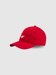 4F Czapka z daszkiem strapback uniseks - czerwona S/M (58cm). Czerwone czapki z daszkiem 4f, bez wzorów, z bawełny, klasyczne. Za 49.99 zł.