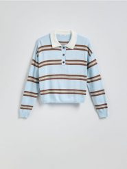 Sweter polo w paski - jasnoniebieski. Niebieskie swetry Reserved, l, bez wzorów, z dzianiny, bez ramiączek. Za 129.99 zł.
