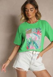 Zielony T-shirt z Bawełny Ozdobiony Brokatem Isadelle. Zielone t-shirty Renee, m, bez wzorów, z bawełny, klasyczne, bez kołnierzyka, bez ramiączek. W wyprzedaży za 35.99 zł.
