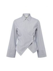 Neo Noir Damska bluzka koszulowa - Fenli Kobiety szary|biały w paski, 42. Białe bluzki Neo Noir, bez wzorów, klasyczne, z asymetrycznym kołnierzem, bez ramiączek. Za 349.95 zł.
