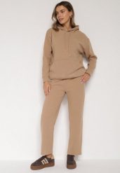 Ciemnobeżowy Bawełniany Komplet Dresowy z Bluzą i Spodniami Zansira. Brązowe bluzy Born2be, l, bez wzorów, z bawełny, z kapturem, trekkingowe. Za 99.99 zł.