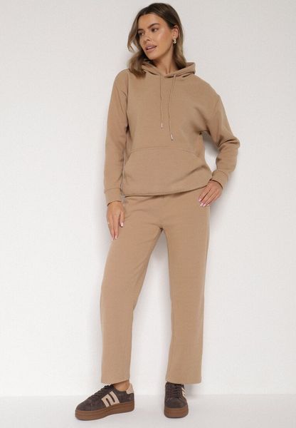 Ciemnobeżowy Bawełniany Komplet Dresowy z Bluzą i Spodniami Zansira. Brązowe bluzy Born2be, l, bez wzorów, z bawełny, z kapturem, trekkingowe. Za 99.99 zł.