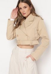 Beżowa Kurtka Dwurzędowa z Paskiem na Dole o Skróconym Kroju Annulia. Brązowe kurtki Born2be, na lato, l, bez wzorów, bez kaptura. Za 49.99 zł.