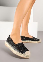 Czarne Ażurowe Espadryle na Płaskiej Plecionej Podeszwie Sepanisse. Czarne espadryle Renee, w ażurowe wzory, eleganckie, bez obcasa, na płaskiej podeszwie. W wyprzedaży za 67.99 zł.