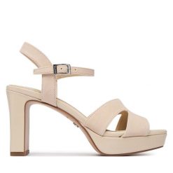 Sandały Tamaris. Brązowe sandały Tamaris, bez wzorów, bez obcasa, na słupku, bez zapięcia. Za 379.99 zł.