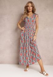 Niebiesko-Czerwona Rozkloszowana Sukienka z Wiskozy w Fantazyjny Print Karlene. Czerwone sukienki Renee, l, bez wzorów, z wiskozy, wakacyjne, bez kołnierzyka, bez ramiączek, maxi, rozkloszowane. Za 49.99 zł.