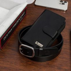 Zestaw prezentowy damski skórzany pasek portfel pudełko premium Beltimore Z45. Czarne portfele bez wzorów. Za 100.99 zł.