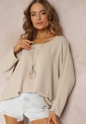 Beżowa Bluzka o Fasonie Nietoperza z Naszyjnikiem Kenola. Brązowe bluzki Renee, bez wzorów, eleganckie, bez kołnierzyka, bez ramiączek. W wyprzedaży za 43.99 zł.