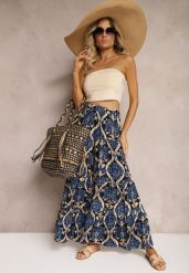 Czarno-Niebieskie Spodnie z Wiskozy z Szerokimi Nogawkami High Waist Wykończone Gumką w Talii Risettasmi. Czarne jeansy Renee, na lato, m, bez wzorów, z jeansu, z podwyższonym stanem. W wyprzedaży za 32.99 zł.