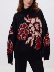 Wzorzysty sweter z wełną - czarny. Czarne swetry Reserved, l, bez wzorów, z dzianiny, bez ramiączek. Za 299.99 zł.