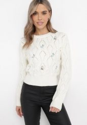 Jasnobeżowy Sweter o Klasycznym Kroju z Haftowanymi Kwiatami Chasane. Brązowe swetry Born2be, m, bez wzorów, z bawełny, klasyczne, bez ramiączek. W wyprzedaży za 84.99 zł.
