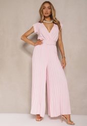 Różowy Kopertowy Kombinezon Wide Leg Zdobiony Plisami i Paskiem z Klamrą Salirella. Czerwone sukienki Renee, na co dzień, l, z aplikacjami, eleganckie, bez kołnierzyka, bez ramiączek, kopertowe. W wyprzedaży za 91.99 zł.