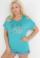 Niebieska Bluzka Oversize z Nadrukiem i Cyrkoniami Gerris. Niebieskie bluzki Born2be, bez wzorów, bez kołnierzyka, bez ramiączek. Za 69.99 zł.