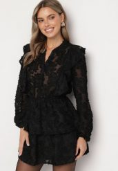 Czarna Rozkloszowana Sukienka Ozdobiona Falbankami z Gumką w Pasie Zinaviya. Czarne sukienki Born2be, na co dzień, l, bez wzorów, eleganckie, bez kołnierzyka, bez ramiączek, mini, proste. W wyprzedaży za 125.99 zł.