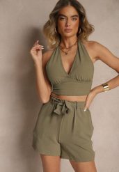 Ciemnozielone Luźne Szorty Bermudy High Waist z Gumką i Materiałowym Paskiem w Talii Renetta. Zielone szorty Renee, bez wzorów, z materiału. W wyprzedaży za 31.99 zł.