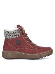 Rieker Botki Z6620-33 Czerwony. Czerwone botki Rieker, bez wzorów, bez obcasa, na płaskiej podeszwie, bez zapięcia. Za 295.00 zł.