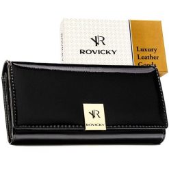 Duży, skórzany portfel damski w czarnym kolorze zamykany na zatrzask - Rovicky. Czarne portfele ROVICKY, bez wzorów, ze skóry. Za 99.99 zł.