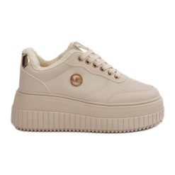 Sneakersy Buty Sportowe Damskie Ocieplane Na Masywnej Podeszwie Beżowe Ardiela beżowy. Brązowe buty treningowe bez wzorów, ze skóry, bez zapięcia. Za 205.59 zł.