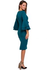 Sukienka na wesele elegancka midi z bufiastymi rękawami morski. Zielone sukienki Makover, na wesele, l, bez wzorów, eleganckie, bez kołnierzyka, bez ramiączek, midi, dopasowane. Za 289.00 zł.