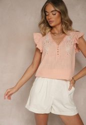 Różowa Bluzka z Bawełny z Haftowanymi Zdobieniami i Falbanką Talanea. Czerwone bluzki Renee, l, z aplikacjami, z bawełny, boho, bez kołnierzyka, bez ramiączek. W wyprzedaży za 67.99 zł.