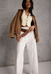 Białe Ażurowe Spodnie Wide Leg z Bawełny w Rustykalnym Stylu z Haftem Elladith. Białe jeansy Renee, w ażurowe wzory, z bawełny, boho. Za 119.99 zł.