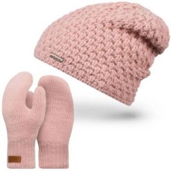 Zestaw zimowy damski czapka rękawiczki BRODRENE różowy P1004. Czerwone czapki zimowe bez wzorów, klasyczne. Za 97.99 zł.