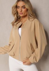 Beżowa Bluza Typu Bomberka z Suwakiem i Kieszeniami na Klapki Pleoria. Brązowe bluzy Renee, plus size, bez wzorów, bez kaptura. W wyprzedaży za 67.99 zł.